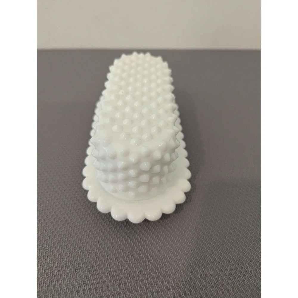 Vintage Fenton ? White Milk Glass Hobnail Butter Dish w/ Scalloped Tray 2 Piece